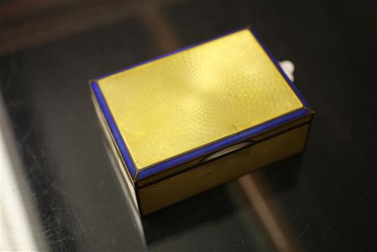 A 1920s continental silver and yellow guilloche enamel mounted rectangular cigarette box, 4.5in.